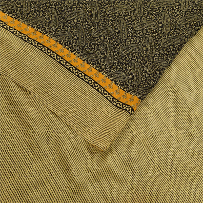 Sanskriti Vintage Sarees Black Pure Crepe Paisley Printed Sari 5+yd Craft Fabric