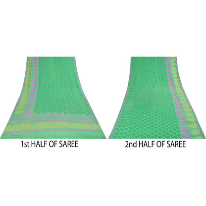 Sanskriti Vintage Sarees Green Pure Crepe Silk Printed Sari 5+yd Craft Fabric