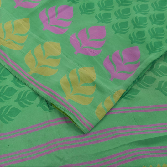 Sanskriti Vintage Sarees Green Pure Crepe Silk Printed Sari 5+yd Craft Fabric