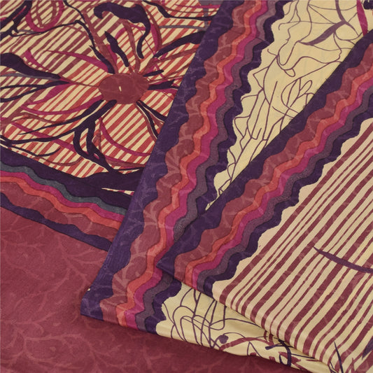 Sanskriti Vintage Sarees Cream Pure Crepe Floral Printed Sari 5+yd Craft Fabric