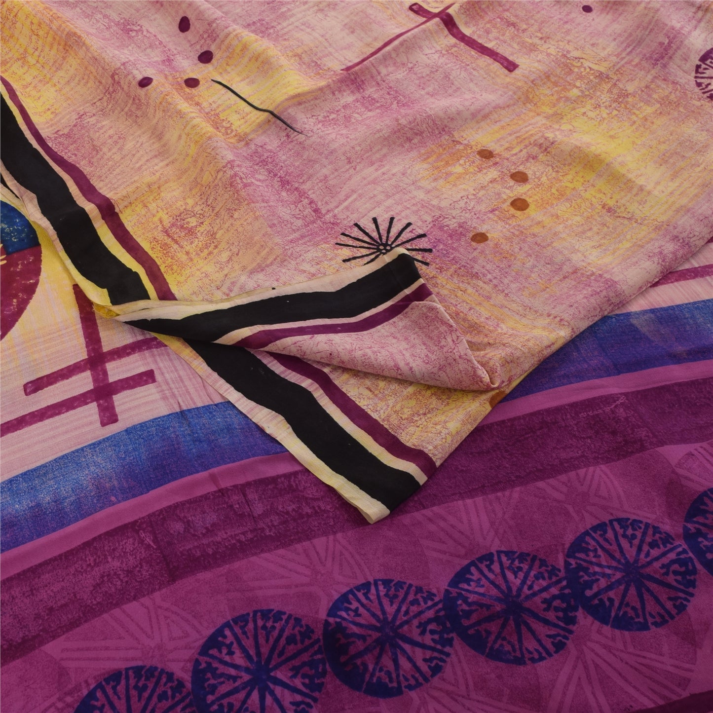 Sanskriti Vintage Sarees Pink Pure Crepe Geometric Print Sari 5+yd Craft Fabric