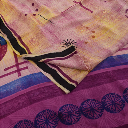 Sanskriti Vintage Sarees Pink Pure Crepe Geometric Print Sari 5+yd Craft Fabric