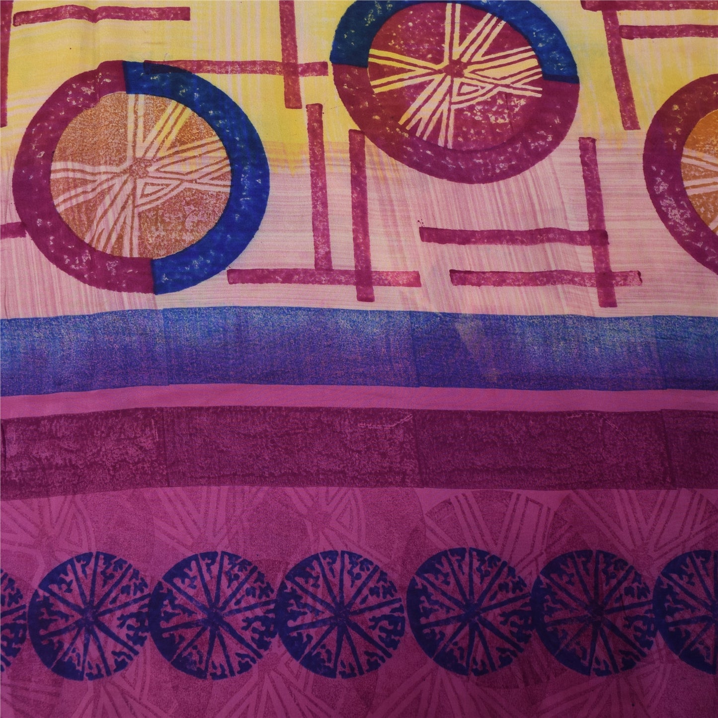 Sanskriti Vintage Sarees Pink Pure Crepe Geometric Print Sari 5+yd Craft Fabric