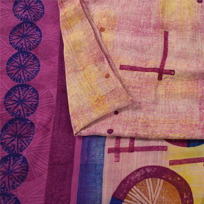 Sanskriti Vintage Sarees Pink Pure Crepe Geometric Print Sari 5+yd Craft Fabric