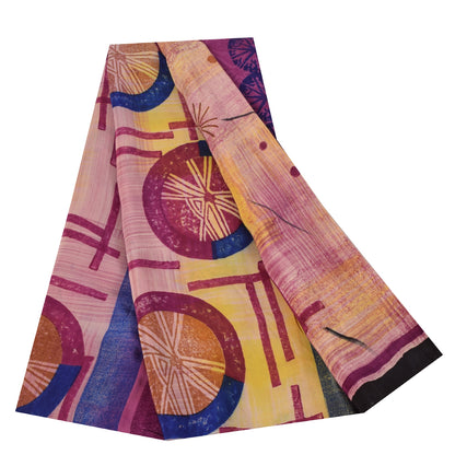 Sanskriti Vintage Sarees Pink Pure Crepe Geometric Print Sari 5+yd Craft Fabric