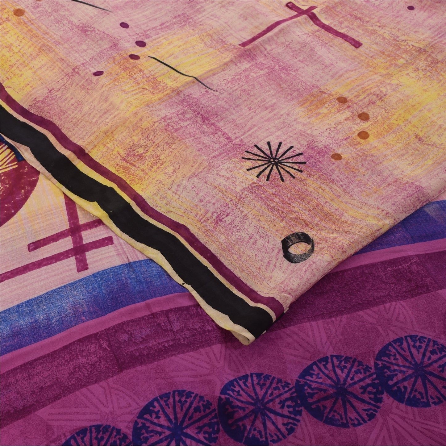 Sanskriti Vintage Sarees Pink Pure Crepe Geometric Print Sari 5+yd Craft Fabric