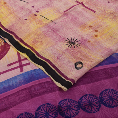 Sanskriti Vintage Sarees Pink Pure Crepe Geometric Print Sari 5+yd Craft Fabric