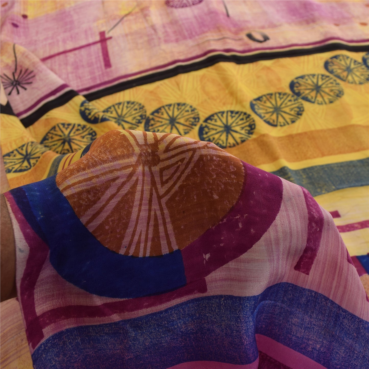 Sanskriti Vintage Sarees Pink Pure Crepe Geometric Print Sari 5+yd Craft Fabric