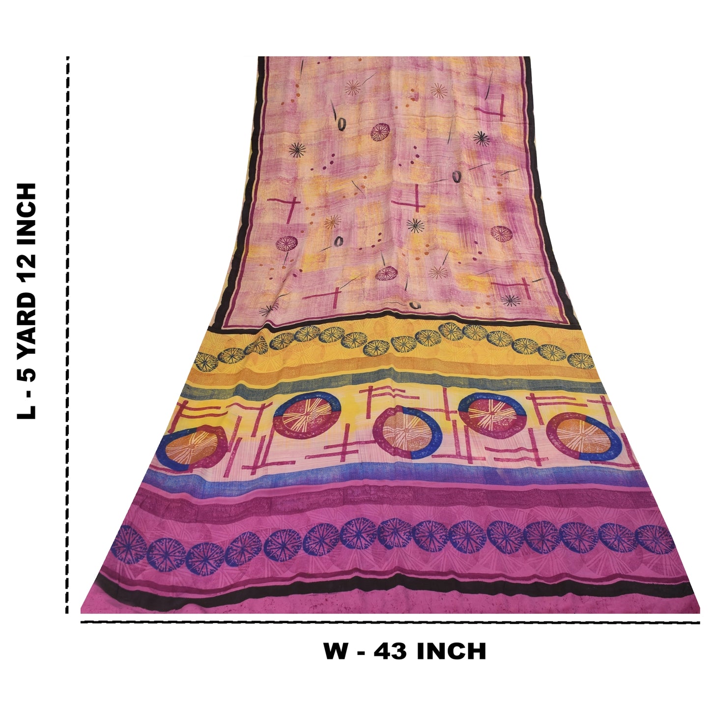 Sanskriti Vintage Sarees Pink Pure Crepe Geometric Print Sari 5+yd Craft Fabric