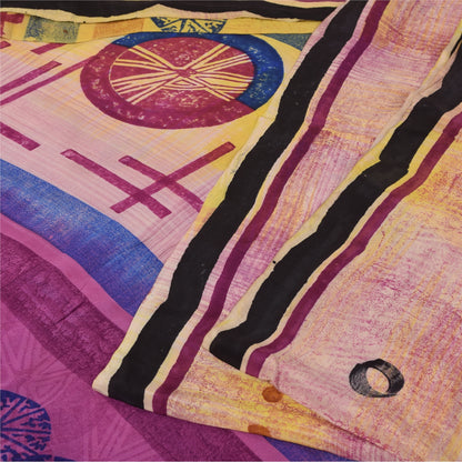 Sanskriti Vintage Sarees Pink Pure Crepe Geometric Print Sari 5+yd Craft Fabric