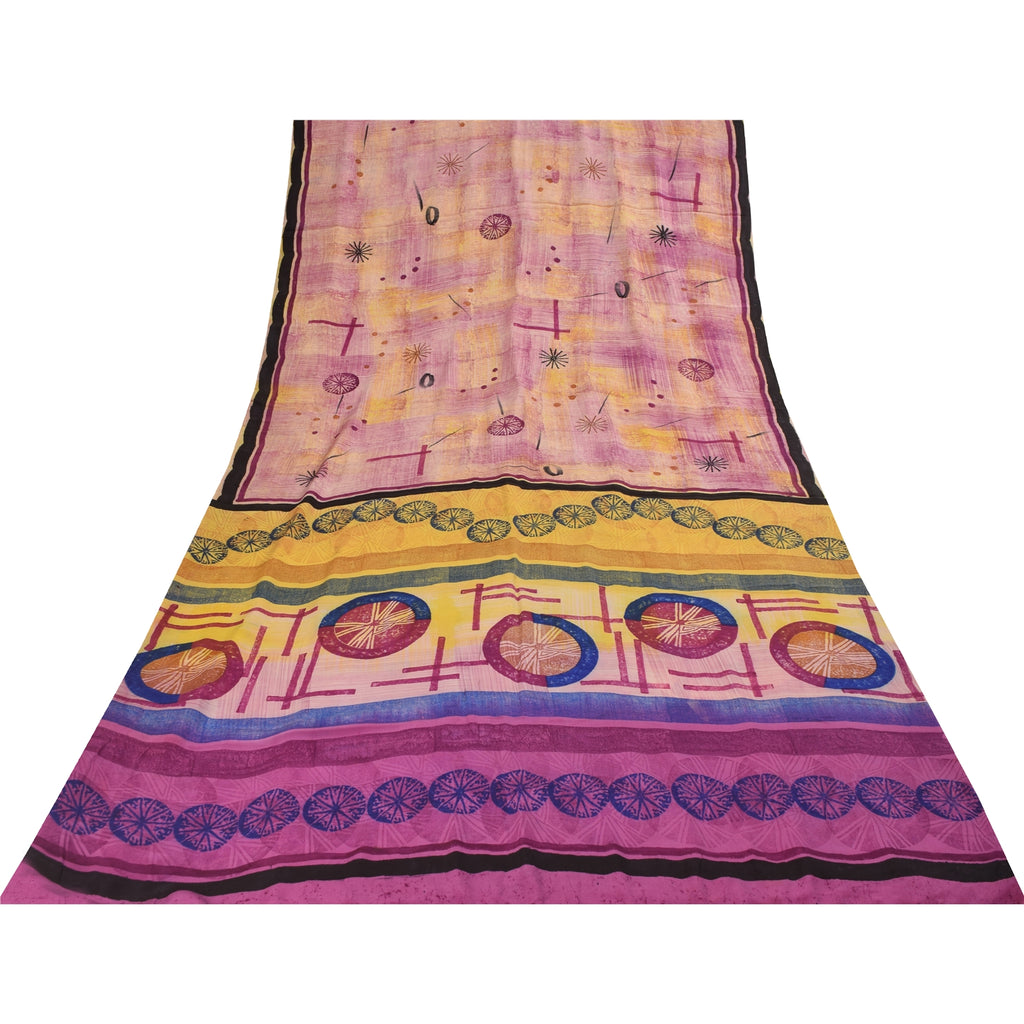 Sanskriti Vintage Sarees Pink Pure Crepe Geometric Print Sari 5+yd Craft Fabric