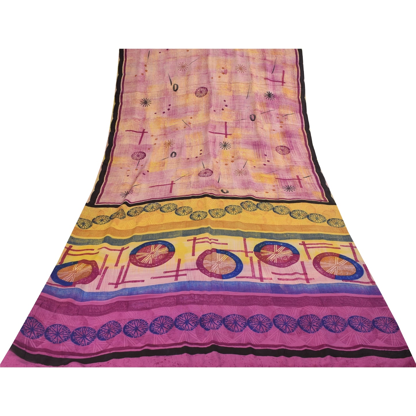 Sanskriti Vintage Sarees Pink Pure Crepe Geometric Print Sari 5+yd Craft Fabric