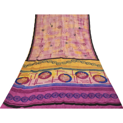 Sanskriti Vintage Sarees Pink Pure Crepe Geometric Print Sari 5+yd Craft Fabric