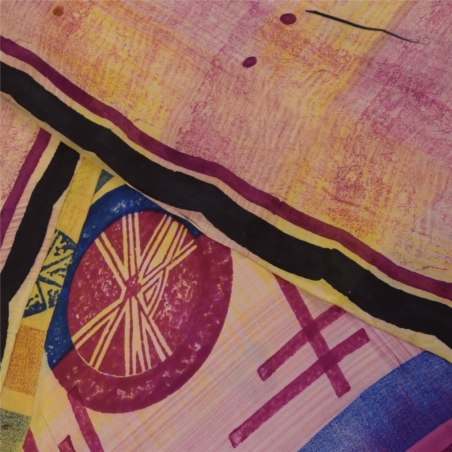 Sanskriti Vintage Sarees Pink Pure Crepe Geometric Print Sari 5+yd Craft Fabric