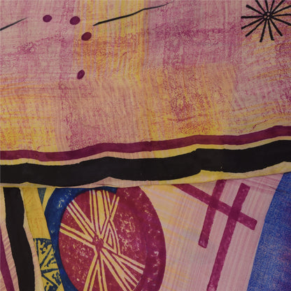 Sanskriti Vintage Sarees Pink Pure Crepe Geometric Print Sari 5+yd Craft Fabric