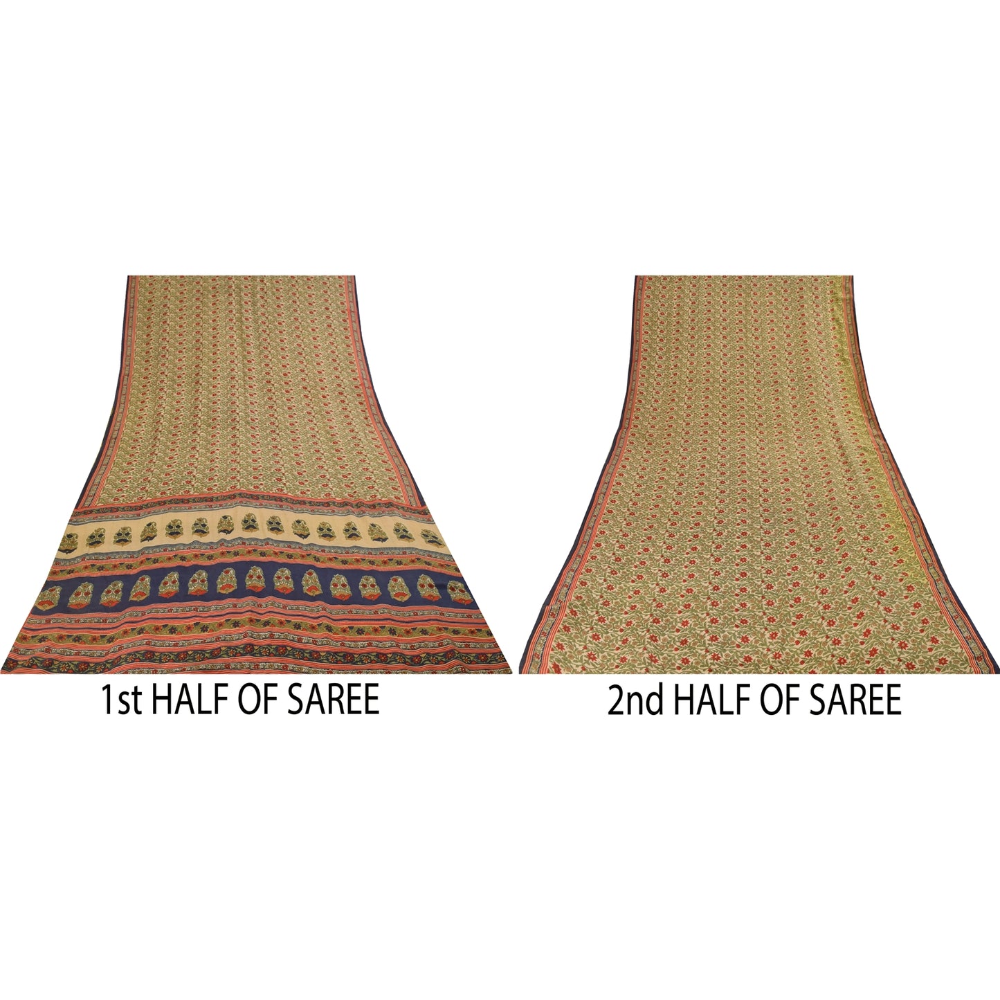 Sanskriti Vintage Sarees Cream Pure Crepe Silk Printed Sari 5+yd Craft Fabric