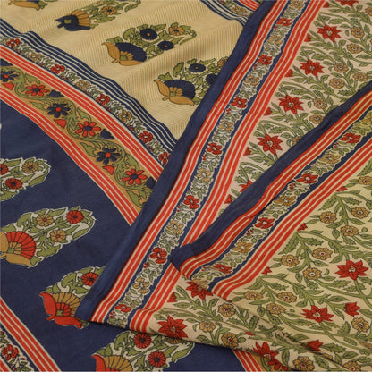 Sanskriti Vintage Sarees Cream Pure Crepe Silk Printed Sari 5+yd Craft Fabric
