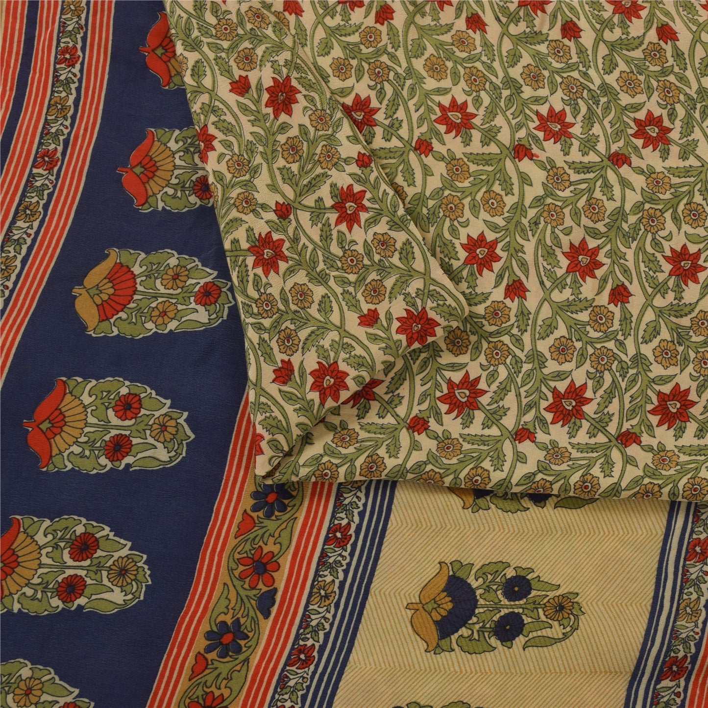 Sanskriti Vintage Sarees Cream Pure Crepe Silk Printed Sari 5+yd Craft Fabric