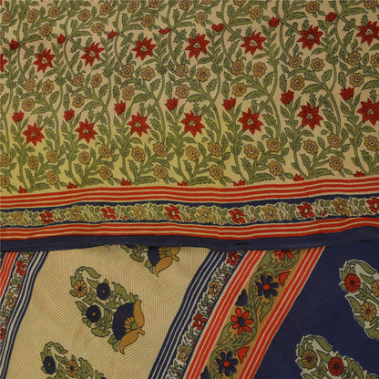 Sanskriti Vintage Sarees Cream Pure Crepe Silk Printed Sari 5+yd Craft Fabric