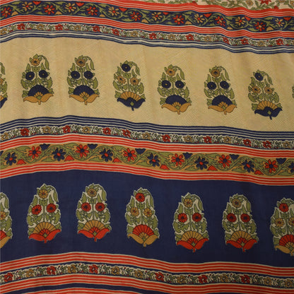 Sanskriti Vintage Sarees Cream Pure Crepe Silk Printed Sari 5+yd Craft Fabric