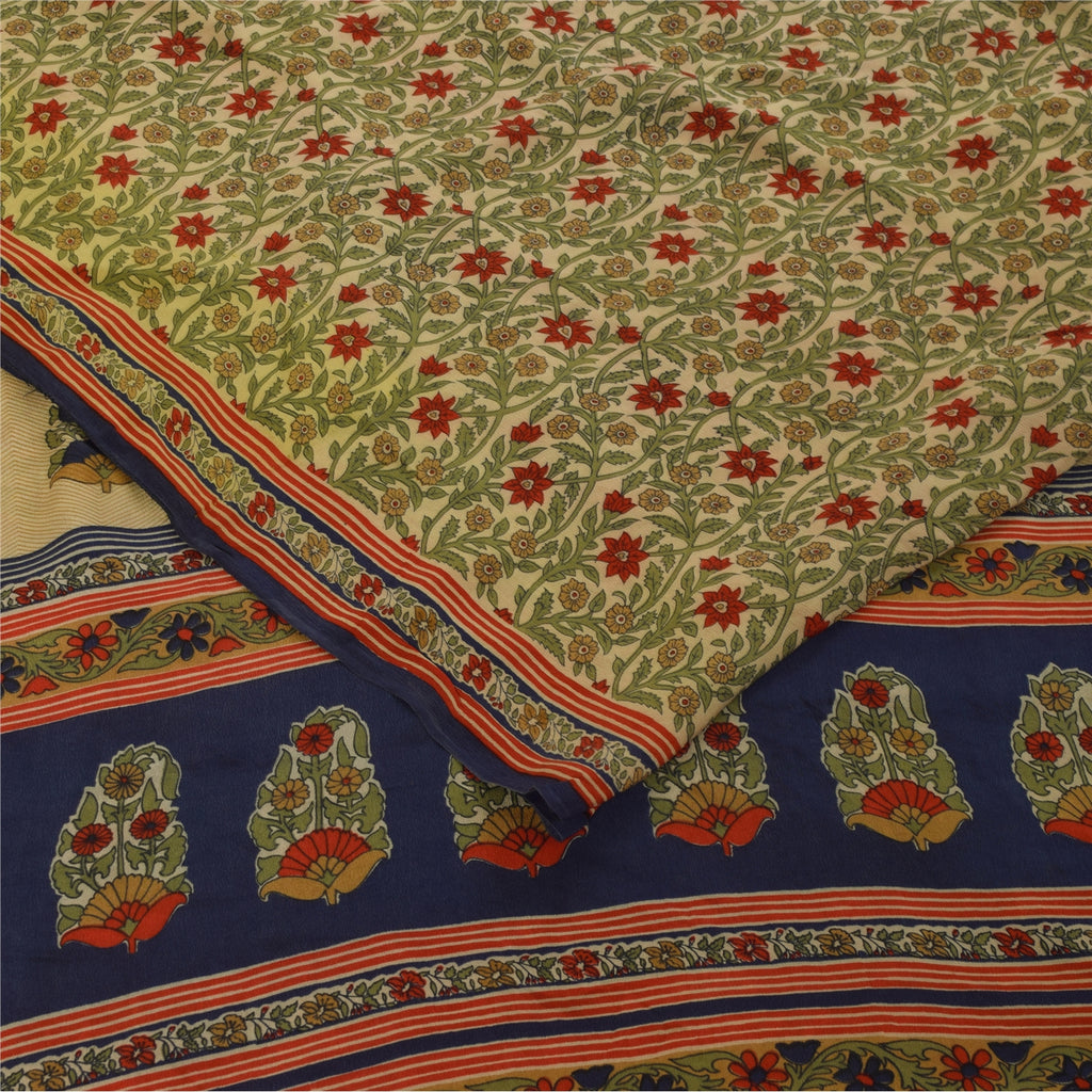 Sanskriti Vintage Sarees Cream Pure Crepe Silk Printed Sari 5+yd Craft Fabric