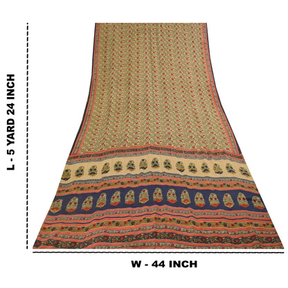 Sanskriti Vintage Sarees Cream Pure Crepe Silk Printed Sari 5+yd Craft Fabric