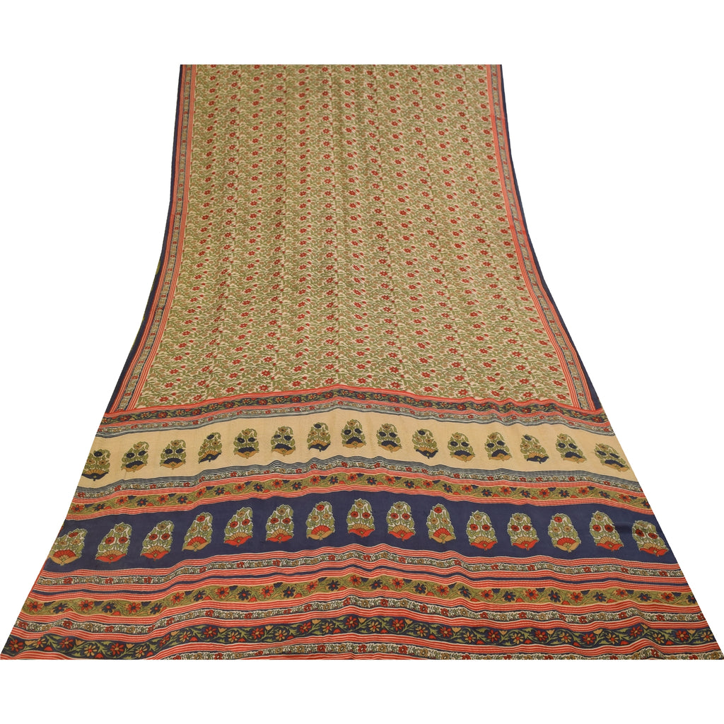 Sanskriti Vintage Sarees Cream Pure Crepe Silk Printed Sari 5+yd Craft Fabric