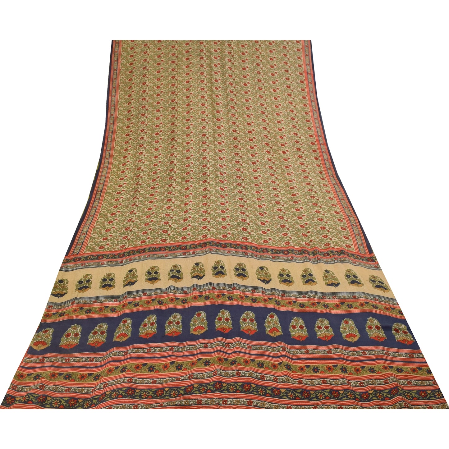 Sanskriti Vintage Sarees Cream Pure Crepe Silk Printed Sari 5+yd Craft Fabric