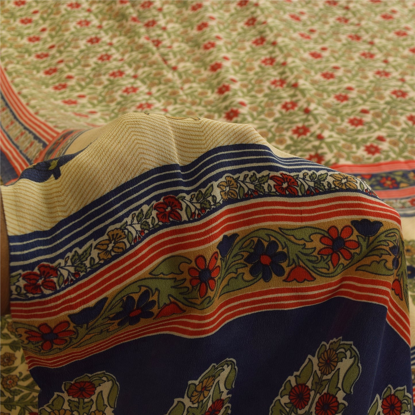 Sanskriti Vintage Sarees Cream Pure Crepe Silk Printed Sari 5+yd Craft Fabric