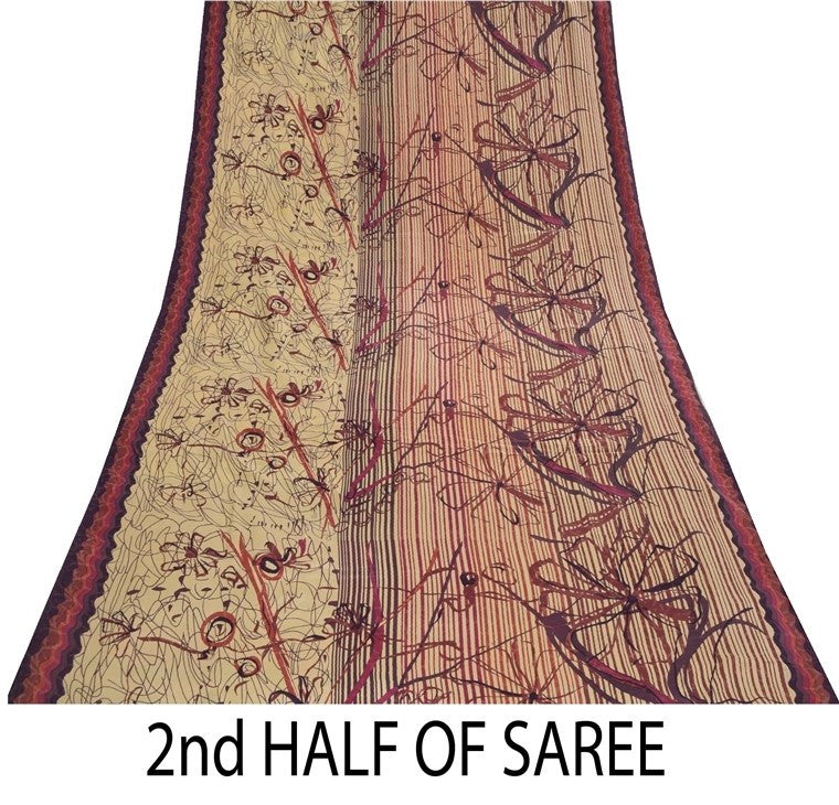 Sanskriti Vintage Sarees Ivory Pure Crepe Floral Printed Sari 5+yd Craft Fabric