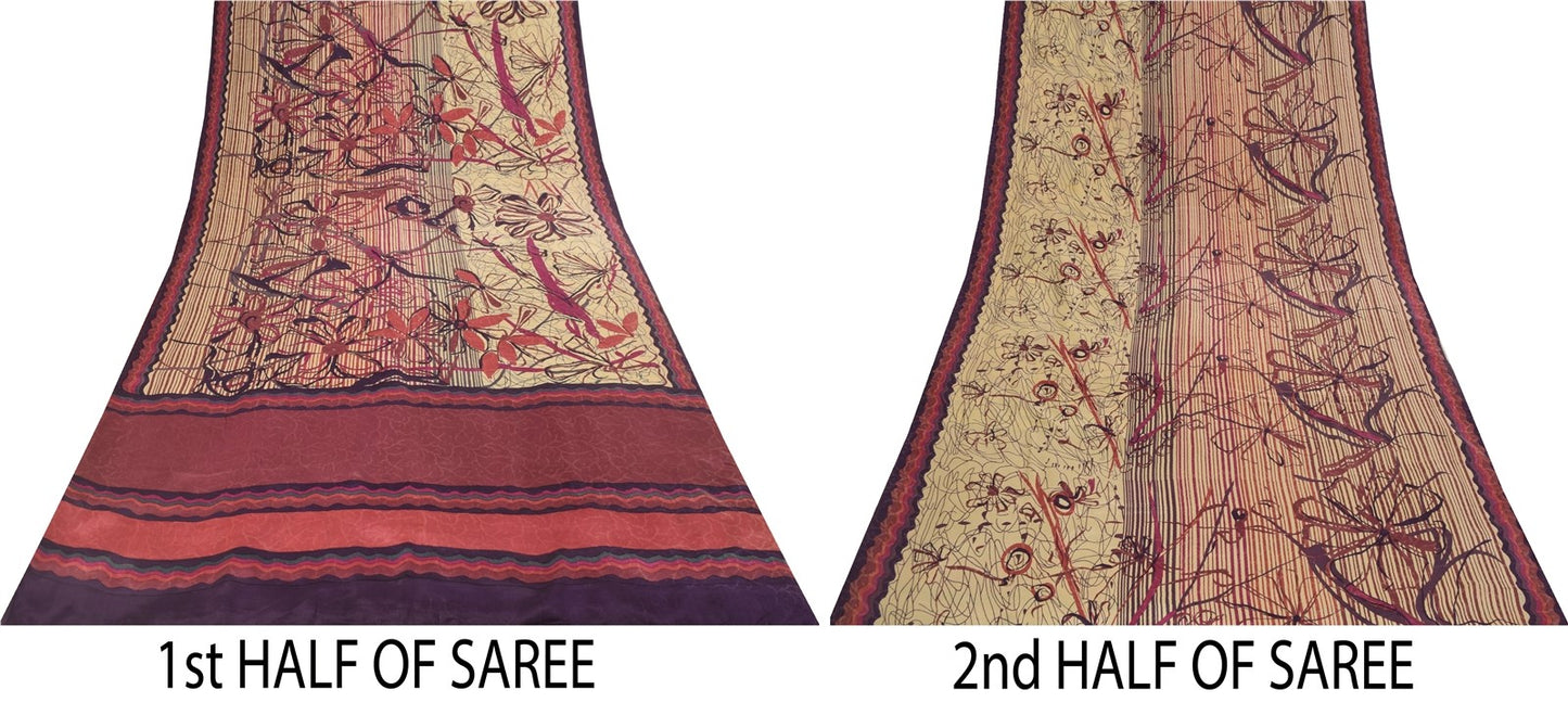 Sanskriti Vintage Sarees Ivory Pure Crepe Floral Printed Sari 5+yd Craft Fabric