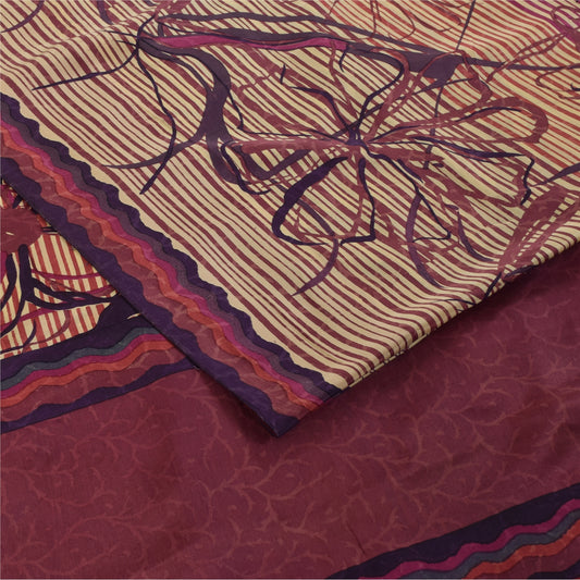 Sanskriti Vintage Sarees Ivory Pure Crepe Floral Printed Sari 5+yd Craft Fabric