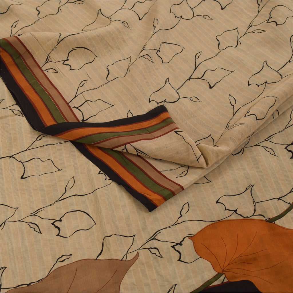 Sanskriti Vintage Sarees Ivory Pure Crepe Silk Printed Sari 5+yd Craft Fabric