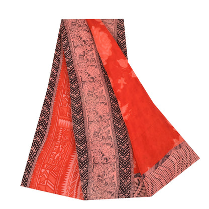 Sanskriti Vintage Sarees Red IndiaPure Crepe Silk Printed Sari 5+yd Craft Fabric