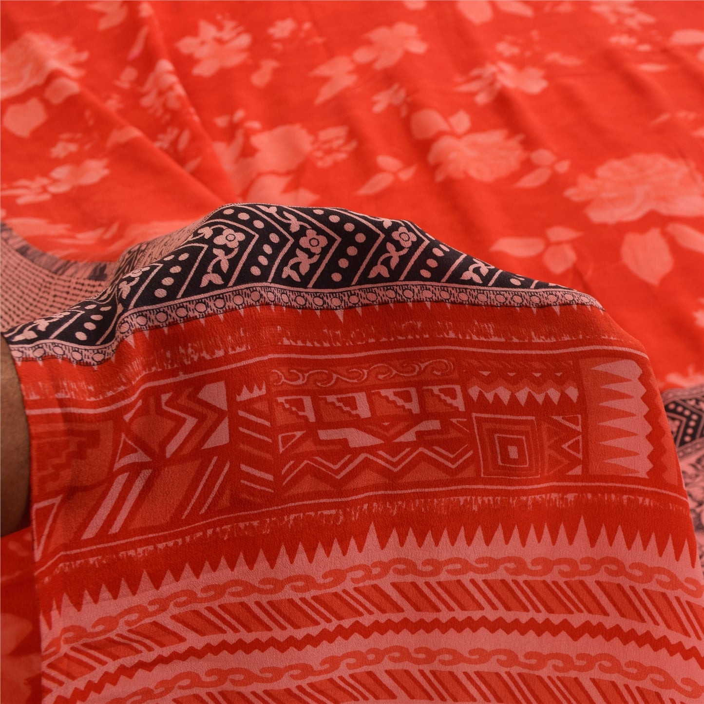 Sanskriti Vintage Sarees Red IndiaPure Crepe Silk Printed Sari 5+yd Craft Fabric