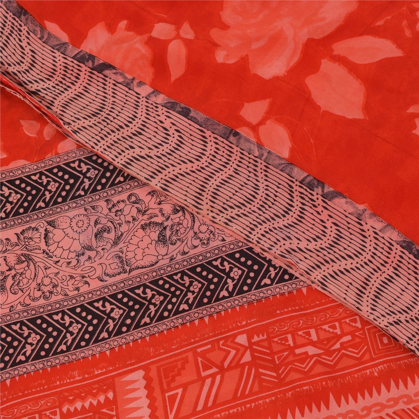 Sanskriti Vintage Sarees Red IndiaPure Crepe Silk Printed Sari 5+yd Craft Fabric