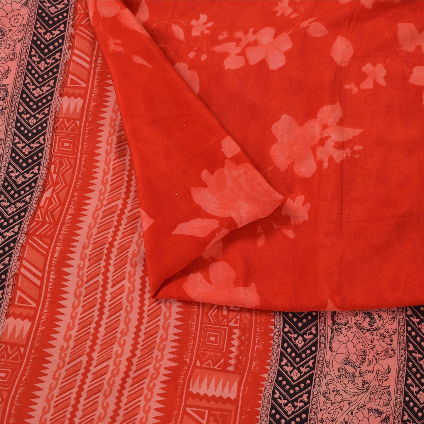 Sanskriti Vintage Sarees Red IndiaPure Crepe Silk Printed Sari 5+yd Craft Fabric
