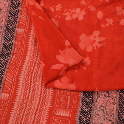 Sanskriti Vintage Sarees Red IndiaPure Crepe Silk Printed Sari 5+yd Craft Fabric