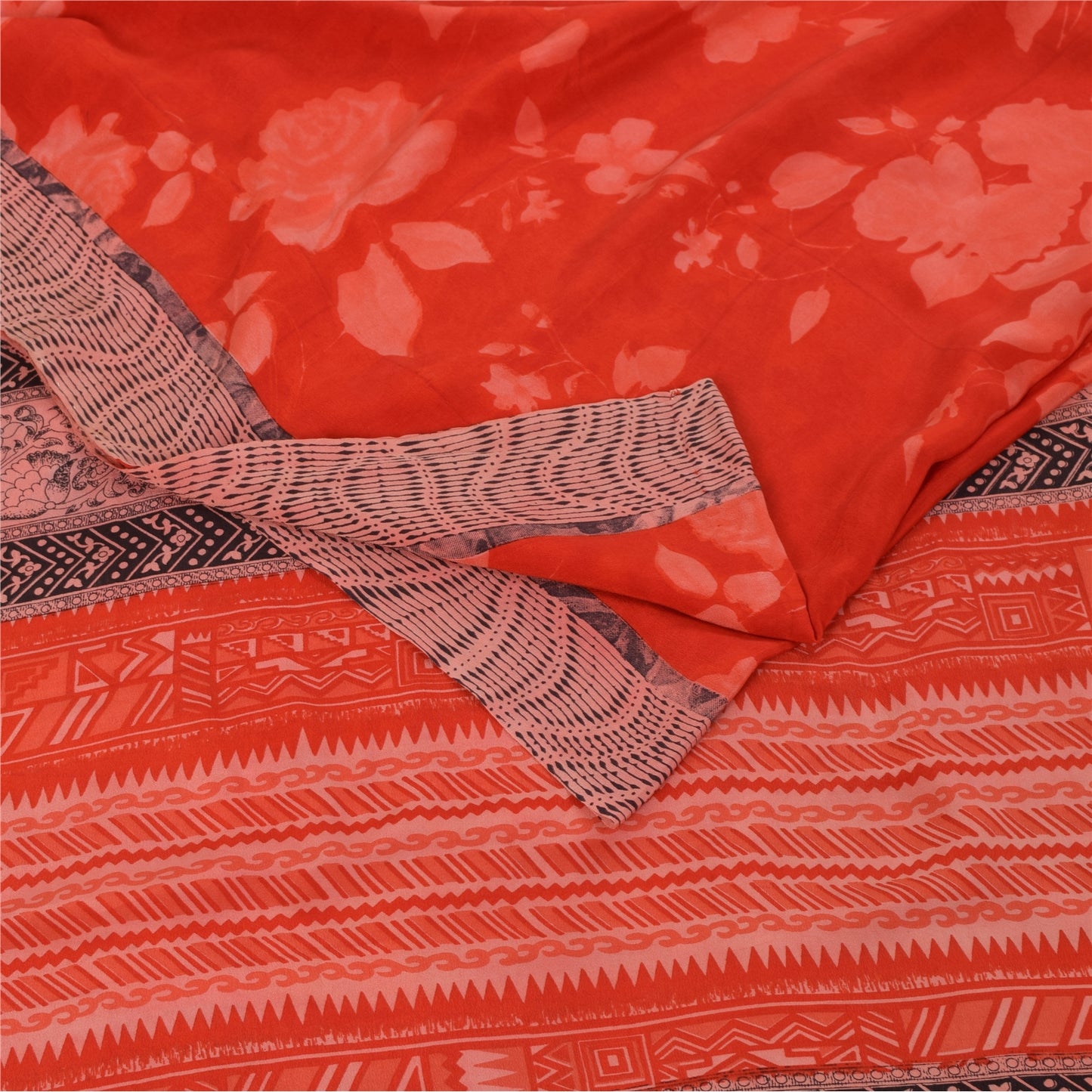 Sanskriti Vintage Sarees Red IndiaPure Crepe Silk Printed Sari 5+yd Craft Fabric