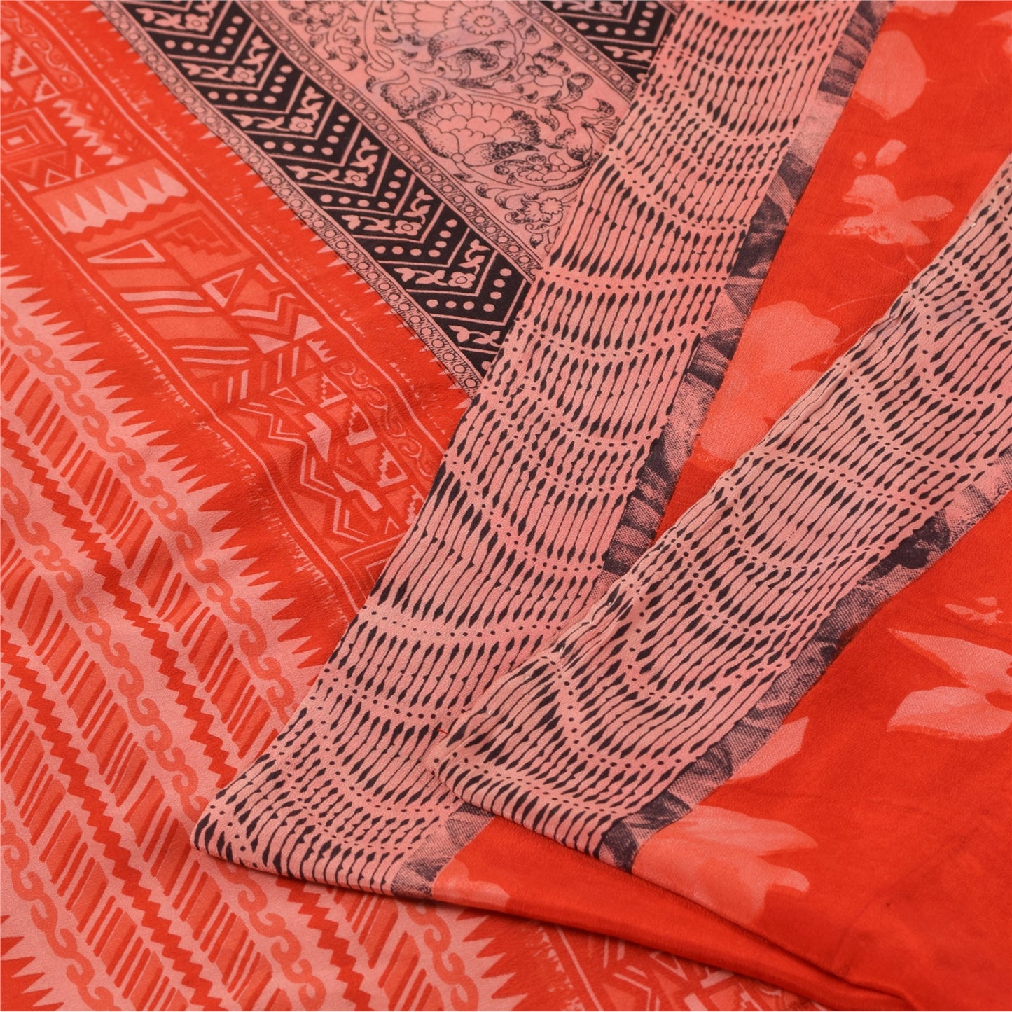 Sanskriti Vintage Sarees Red IndiaPure Crepe Silk Printed Sari 5+yd Craft Fabric