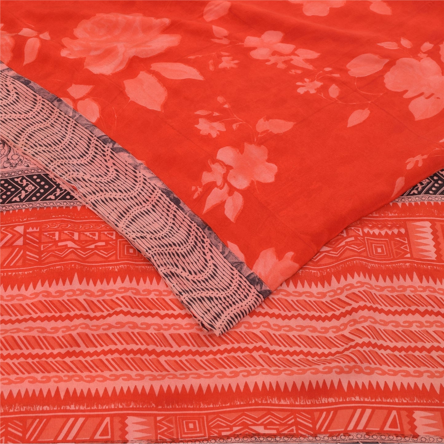 Sanskriti Vintage Sarees Red IndiaPure Crepe Silk Printed Sari 5+yd Craft Fabric