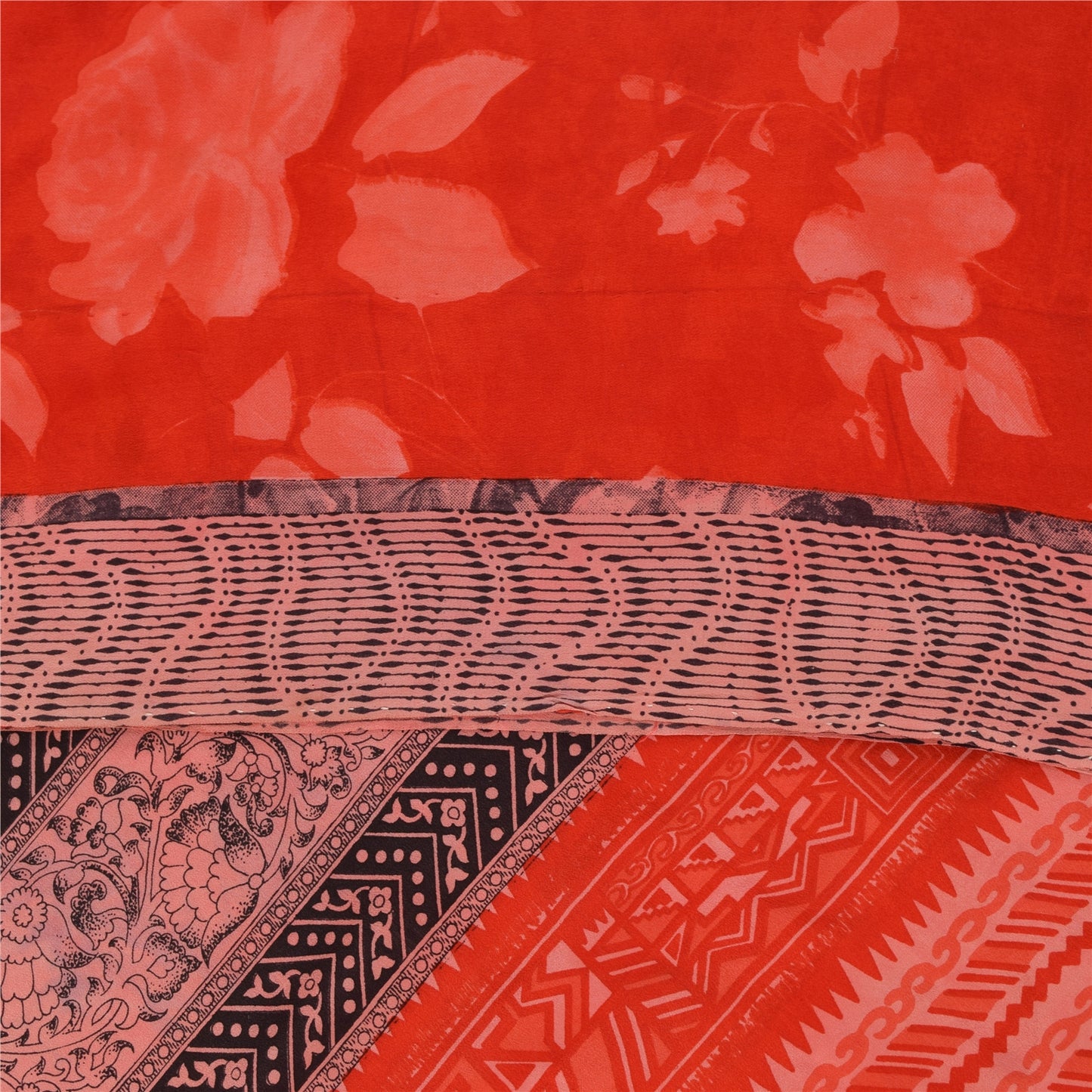 Sanskriti Vintage Sarees Red IndiaPure Crepe Silk Printed Sari 5+yd Craft Fabric