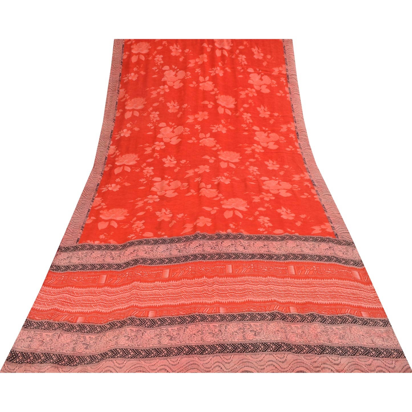 Sanskriti Vintage Sarees Red IndiaPure Crepe Silk Printed Sari 5+yd Craft Fabric