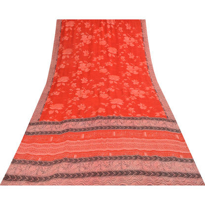 Sanskriti Vintage Sarees Red IndiaPure Crepe Silk Printed Sari 5+yd Craft Fabric