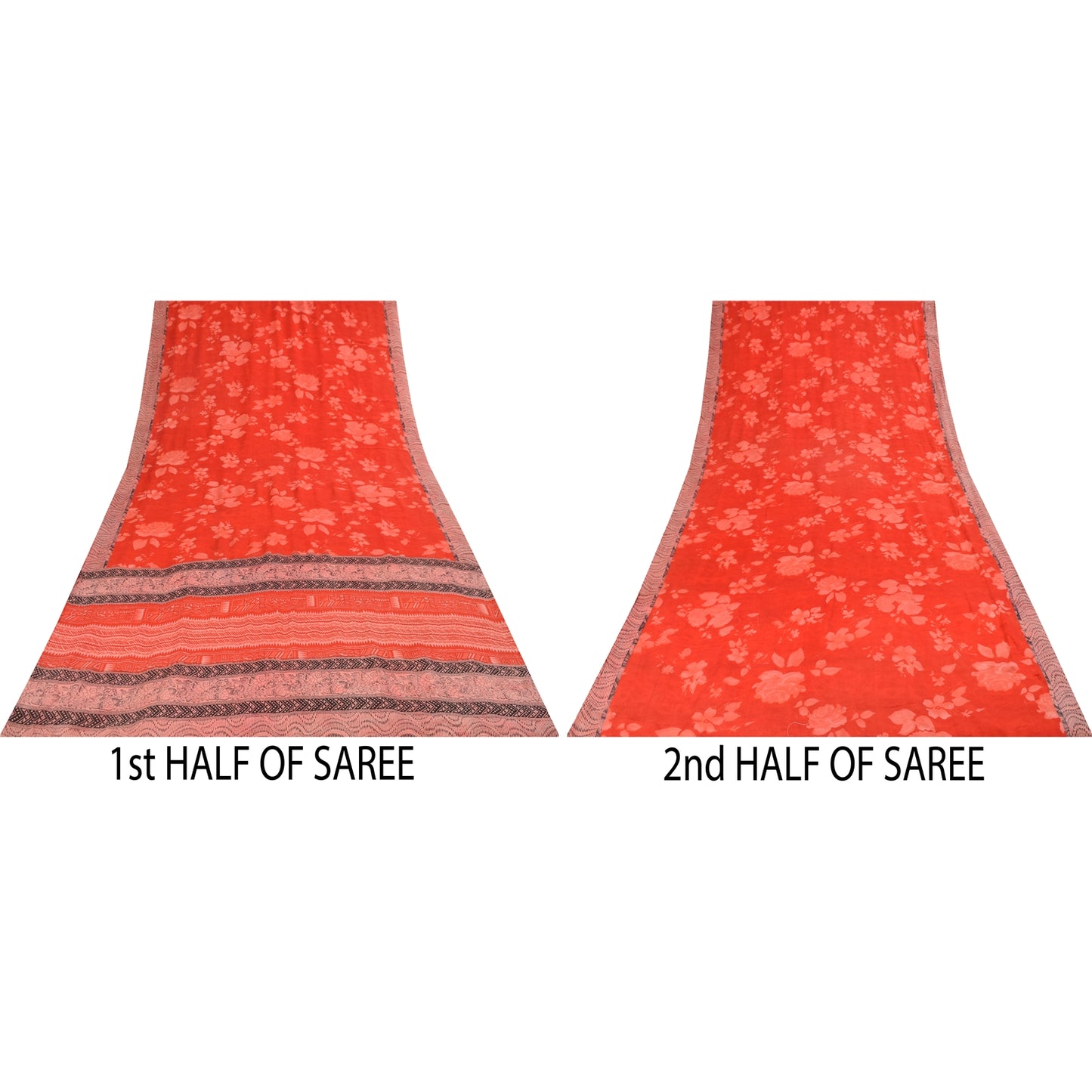 Sanskriti Vintage Sarees Red IndiaPure Crepe Silk Printed Sari 5+yd Craft Fabric