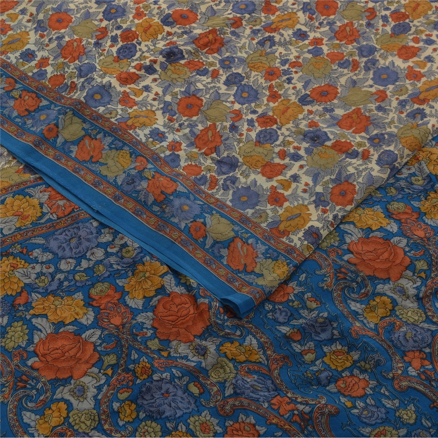 Sanskriti Vintage Sarees Cream Pure Crepe Silk Printed Sari 5+yd Craft Fabric