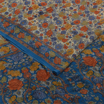 Sanskriti Vintage Sarees Cream Pure Crepe Silk Printed Sari 5+yd Craft Fabric