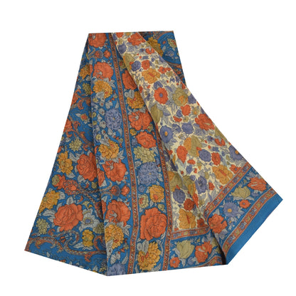 Sanskriti Vintage Sarees Cream Pure Crepe Silk Printed Sari 5+yd Craft Fabric