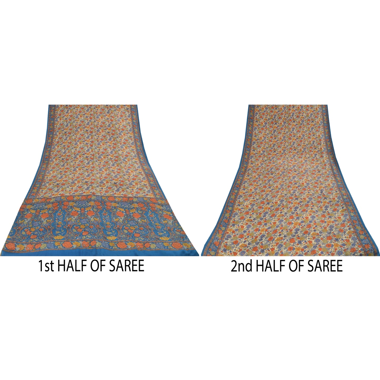 Sanskriti Vintage Sarees Cream Pure Crepe Silk Printed Sari 5+yd Craft Fabric