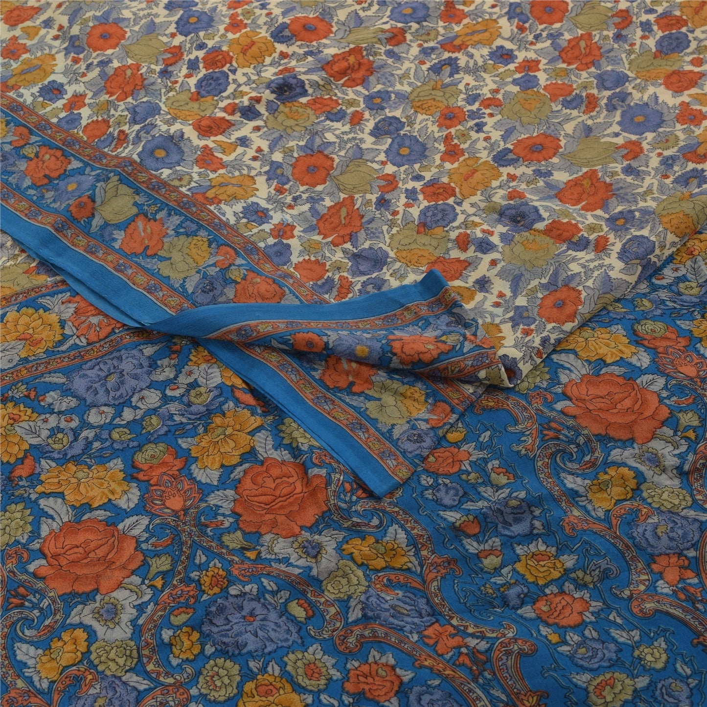 Sanskriti Vintage Sarees Cream Pure Crepe Silk Printed Sari 5+yd Craft Fabric